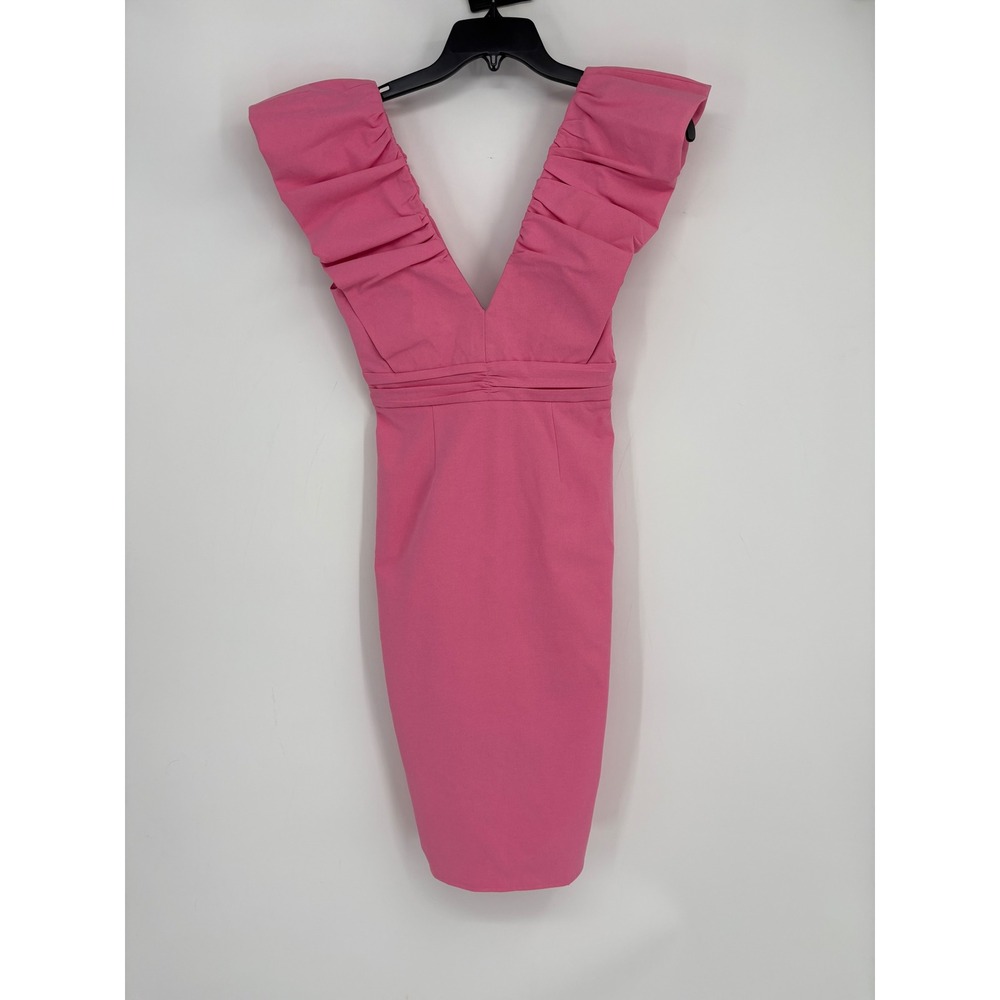 Elle Zeitoune‎ Dress Womens XS Pink Delilah Ruffle Shoulder V-Neck Cocktail Mini